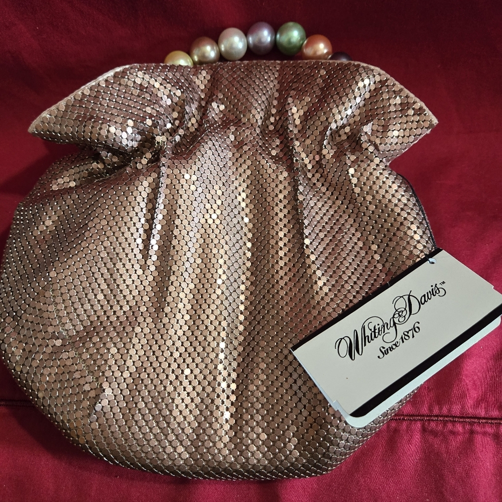 Whiting & Davis Sequin Evening Clutch with Pearl Handle - Rose Gold NWT